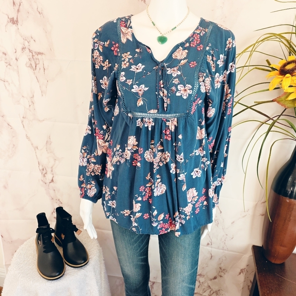 Bobeau Peplum Babydoll Floral Blue Women's Top